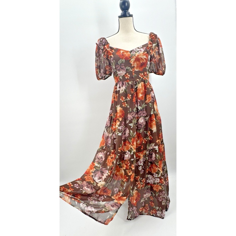 August Sky Chocolate Floral Maxi Dress Tiered Puff Sleeve Boho Whimsigoth Event